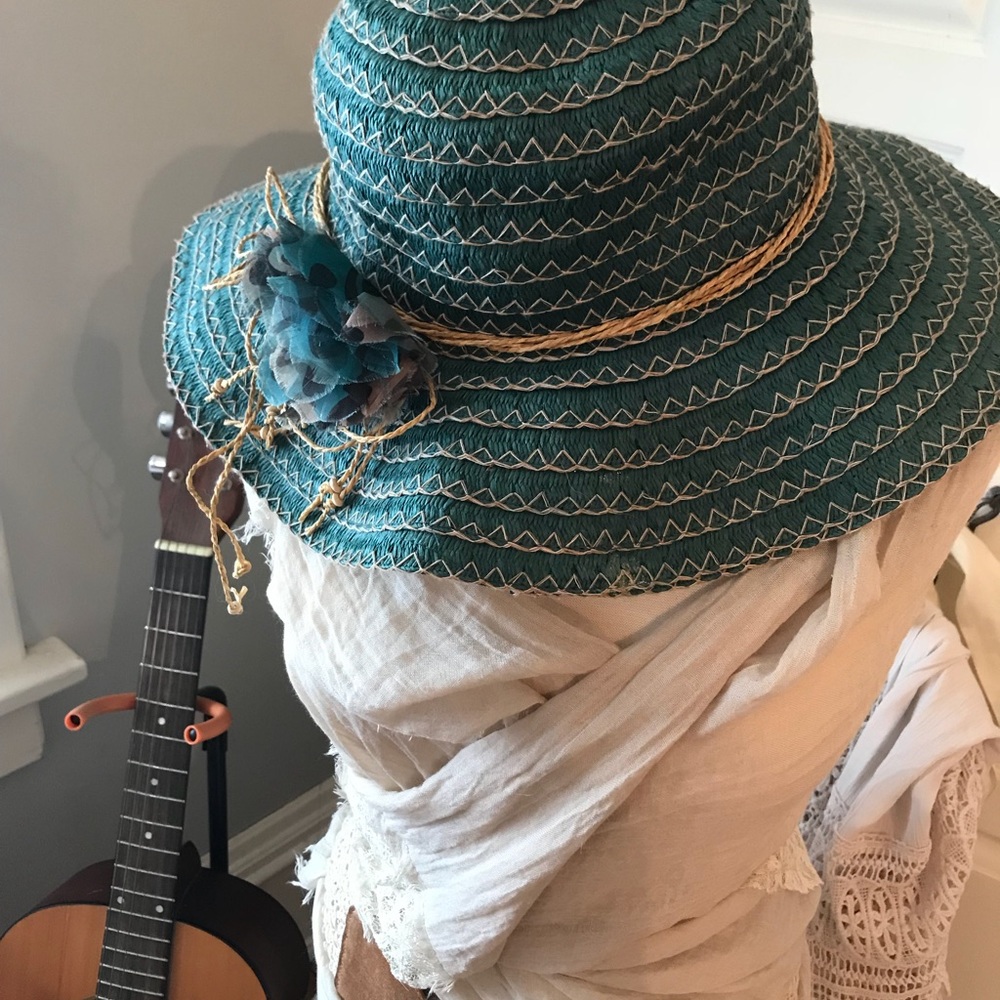 Beautiful turquoise floppy boho hat with Flowers